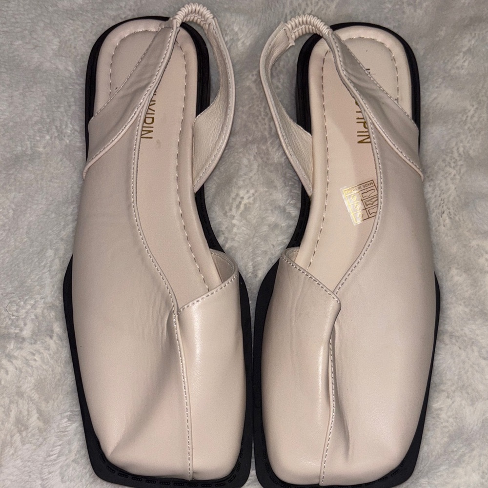 Cream Square-Toe Slingback Flats